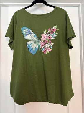 Olive Green Short-Sleeve Tee with Butterfly Floral Graphic
